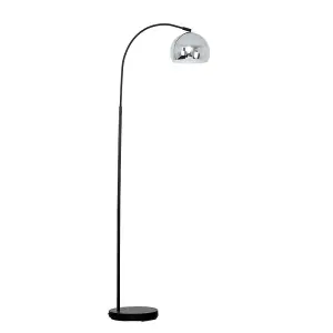 ValueLights Designer Style Black Stem Floor Lamp With Chrome Arco Style Metal Dome Light Shade With LED GLS Bulb in Warm White