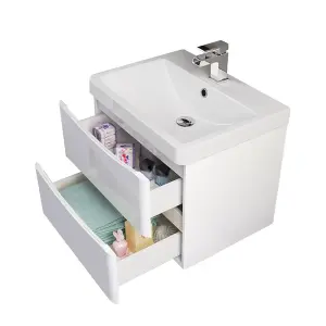 SunDaze 600mm Gloss White 2 Drawer Wall Hung Bathroom Cabinet Vanity Unit