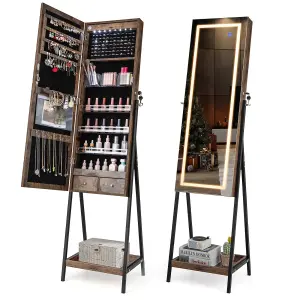 Costway LED Standing Jewelry Mirror Cabinet Lockable Jewelry Armoire w/ 3-Color Lighted Mirror