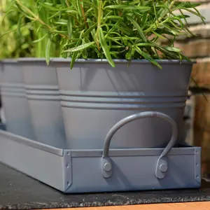 Set of 3 Metal Herb Plant Pots with Saucer Tray Indoor Windowsill Kitchen Planter (Charcoal Grey)