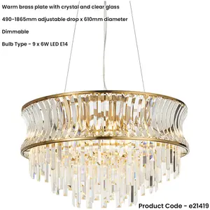 Hanging Ceiling Pendant Light - Warm Brass Plate With Crystal And Clear Glass - 9 X 6W LED E14