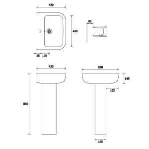 Cooke & Lewis Fabienne Gloss Alpine white Rectangular Full pedestal Basin (H)86cm (W)52cm