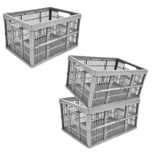 3 x Grey 32L Plastic Folding Crate Boxes With Handles Collapsible, Foldable & Stackable