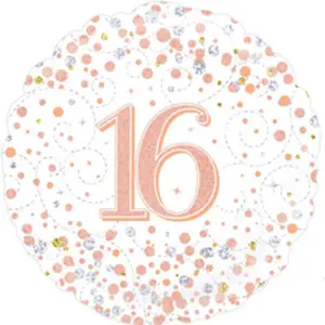 Oaktree Sparkling 16 Fizz Birthday Round Foil Balloon White/Rose Gold (18in)