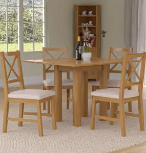 Hallowood Furniture Waverly Small Folding Table with 4 Cross Back Oak Chairs with Beige Fabric Seats