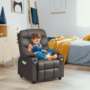 COSTWAY Kids Single Sofa Chair PU Leather Children Armchair Recliner with Cup Holders