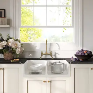 Fireclay Kitchen Bundle - Double Bowl Stepped Weir Butler Sink, Wastes & Bridge Lever Tap, 795mm - Brushed Brass - Balterley