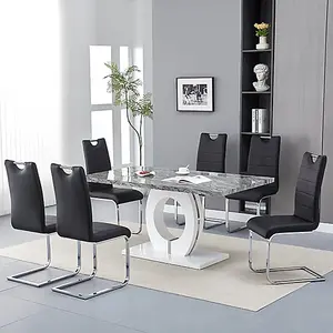 Furniture In Fashion Halo Melange Marble Effect Dining Table 6 Petra Black Chairs