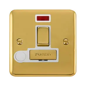 Curved Polished Brass 13A Fused Ingot Connection Unit Switched With Neon With Flex - White Trim - SE Home