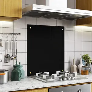 BELOFAY 60x70cm Black Tempered Glass Splashback for Kitchen 6mm Toughened Glass Heat Resistant Splashbacks Pre-Drilled with Fixing