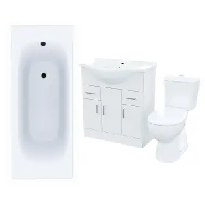 Nes Home Memphis 3-Piece Bathroom Suite White - Close Coupled Toilet, 750mm Basin Vanity Unit and Round Bath Tub