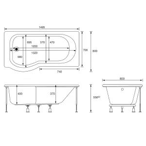 Cooke & Lewis Adelphi White Curved Acrylic P-shaped Left-handed Shower Bath (L)1495mm (W)800mm