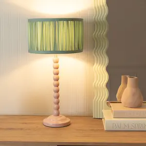 ValueLights Bobbins Painted Rose Table Lamp with Ruched Pleated Green Drum Lamp Shade and LED Bulb