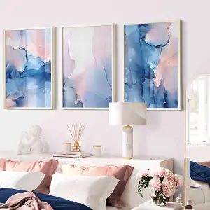 Set of 3 Blush Pink and Navy Blue Abstract Wall Art Prints / 42x59cm (A2) / Black Frame