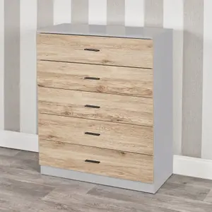 URBNLIVING Height 90.5cm 5 Drawer Wooden Bedroom Chest Cabinet Grey Carcass and Oak Drawers Modern Wide Storage Cupboard Closet