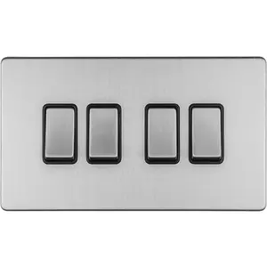 4 Gang Quad Light Switch SCREWLESS SATIN STEEL 2 Way 10A Metal Rocker Slim