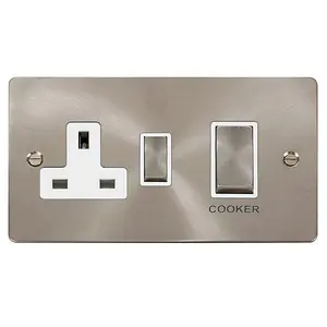 Flat Plate Satin / Brushed Chrome Cooker Control Ingot 45A With 13A Switched Plug Socket - White Trim - SE Home