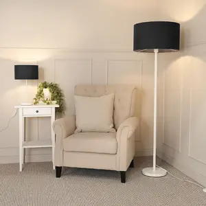 ValueLights Charles White Single Stem Floor Lamp with Black Drum Lamp Shade and LED Bulb