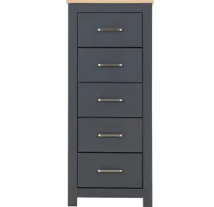 Portland 5 Drawer Narrow Chest in Grey with Oak Effect Finish