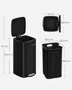 SONGMICS Kitchen Waste Container, Steel Trash Bin Featuring a Pedal, Inner Bucket, Soft Close, and Stay-Open Capability, Ink Black