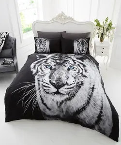 Smart Living 3D Duvet Cover With Pillowcases Polycotton Quilt Bedding Covers Comfy Breathable Comforter Cover Set - White Tiger