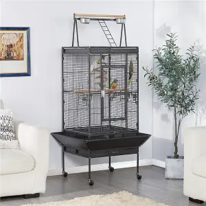 Yaheetech Black Play Top Metal Rolling Bird Cage w/ Industrial Wheels