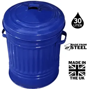 Navy Blue Metal Bin with Lid Retro Style Steel Bin - 30L 46cm Steel Dustbin