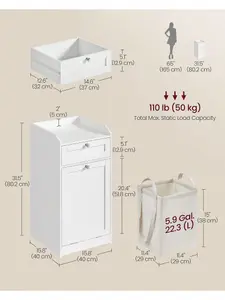 VASAGLE Bathroom Cabinet With Laundry Basket, Bathroom Storage Unit With 1 Drawer And 1 Laundry Hamper, Cloud White