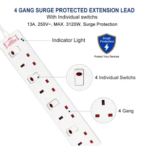 Extrastar 4 Way Socket with Cable 3M,White,Individually Switched Sockets, Surge Indicator, 13A