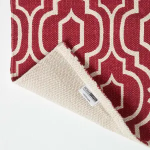 Homescapes Riga Red and White 100% Cotton Printed Patterned Rug, 90 x 150 cm