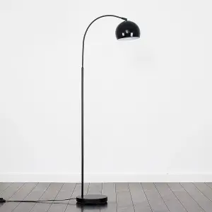 ValueLights Style Black Curved Stem Floor Lamp With Gloss Black Arco Style Metal Dome Light Shade With LED GLS Bulb in Warm White