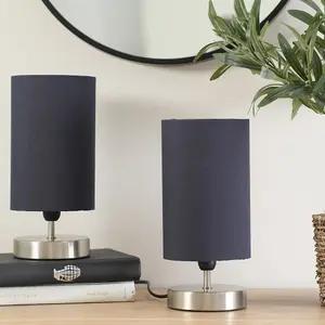 ValueLights Francis Pair - Brushed Chrome Cylinder Touch Dimmer Table Lamp with Navy Blue Shade Bedside Light - LED Bulbs Included