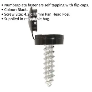 50 PACK 4.2 x 19mm Black Numberplate Screw with Flip Cap - Plastic Enclosed Head