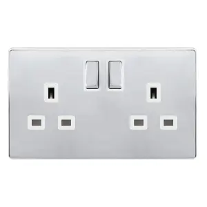 Polished Chrome Screwless Plate 2 Gang 13A DP Ingot Twin Double Switched Plug Socket - White Trim - SE Home