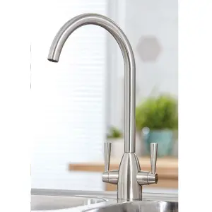 Milan Twin Lever Kitchen Mixer Tap In Brushed Nickel