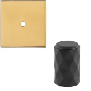 Cabinet Door Knob & Contrasting Backplate Set - Diamond Kitchen Pull - Matt Black & Satin Brass