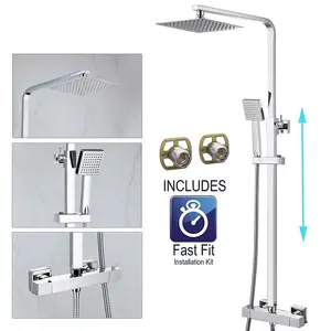 Ultra Thin Square Thermostatic Mixer Shower Dual Control Twin Head +Fast Fit Kit