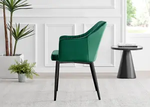 Set of 2 Calla Green Deep Padded High Arm Soft Touch Stitched Velvet Black Powder Coated Leg Dining Chairs