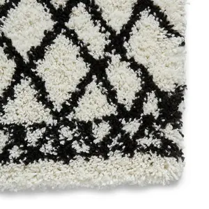 White Black Modern Geometric Shaggy Moroccan Easy To Clean Dining Room Rug-200cm X 290cm