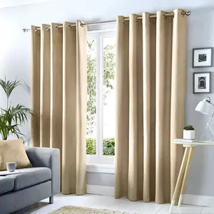 Cotton Blend Room Darkening Grommet / Eyelet Curtain Pair (Set of 2) Natural / Width 117 x Drop 137 cm