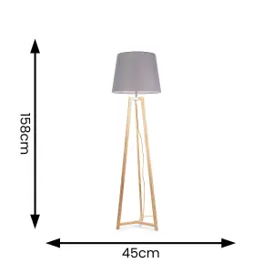 ValueLights Lottie Natural Wood Tripod Floor Lamp with Grey Tapered Shade