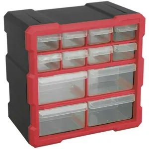 260 x 160 x 265mm 12 Drawer Parts Cabinet - RED - Wall Mounted / Standing Box