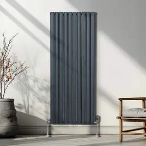 Oval Column Radiator & Valves - 1600mm x 600mm - Anthracite Grey