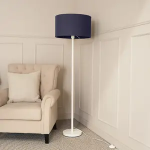 ValueLights Charles White Metal Single Stem Floor Lamp with Navy Blue Drum Lamp Shade