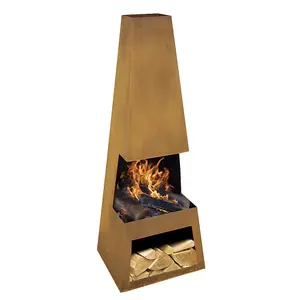 45x150cm Corten Steel Chiminea Wood Burner with Firewood Storage for Outdoor Heating