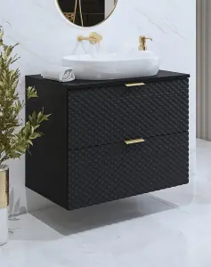 Laura 48 Floating Vanity Unit W800mm H630mm D490mm - Black Gloss with Gold Handles and Modern Floating Design