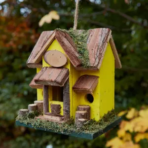 Decorative Hanging Bird House Garden Lodge Birdbox Yellow Bird Nesting Box with Moss Details