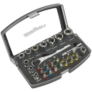 31 Piece Socket & Colour-Coded Bit Set - 1/4" Sq Drive Ratchet - Storage Case