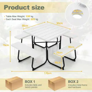 Costway 8 person Square Picnic Table Bench Set Outdoor Circular Table W/ 4 Benches & Umbrella Hole, White