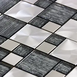 Luxury Textured Grey Glass & Brushed Steel Mix Mosaic Wall Tiles Sheet 8mm